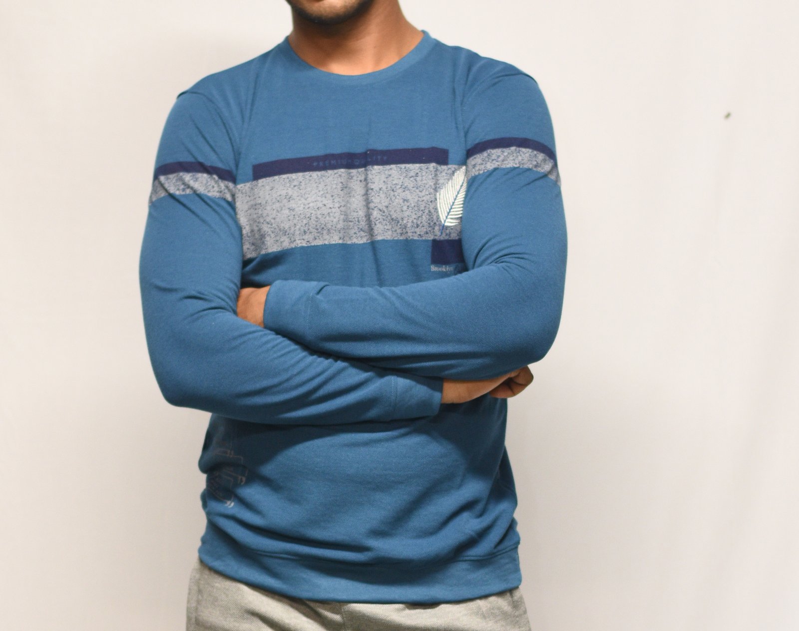 Blue long sleeve cotton printed T shirt